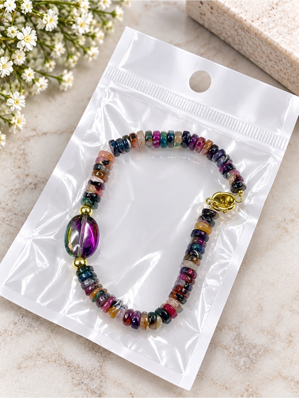 Multicolor Bead Stretch Bracelet with Iridescent Accent - Women Jewelry